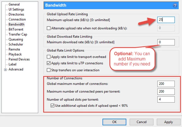 uTorrent BandWidth Tab Settings