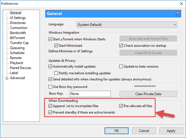 uTorrent General Tab Settings