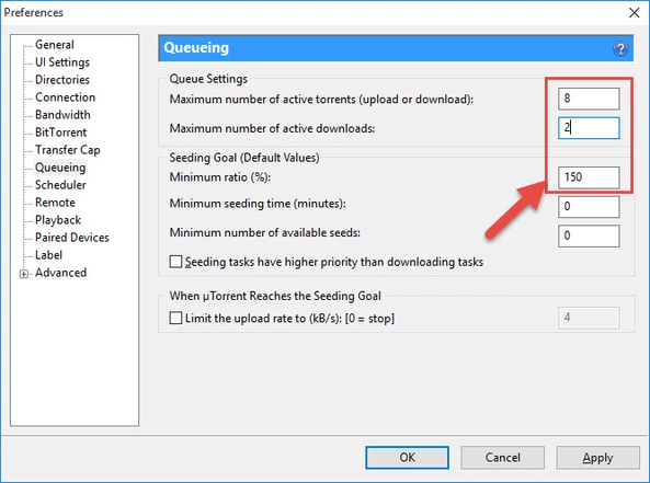 uTorrent Queueing Tab Settings